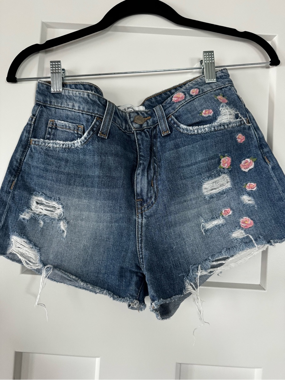 Flying Monkey Distressed Blue Denim Shorts with Pink Rose Embroidery